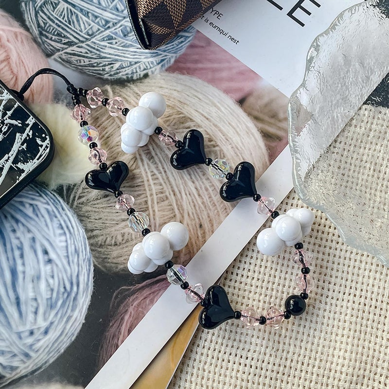 WCCH Beaded Phone Charm Y2K Kawaii Handmade Acrylic Phone Lanyard Wrist Strap for Camera Bag Airpods Keychain Charm Black Heart and White Cloud - Image 2